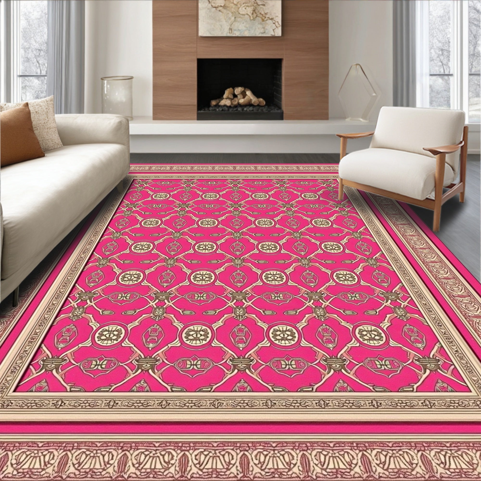 Vibrant Pink Ornate Geometric medallion Rug