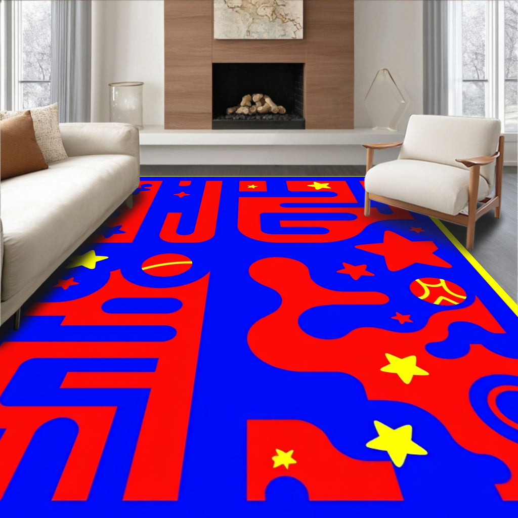 Bold Red Blue Yellow Cosmic Stars Rug