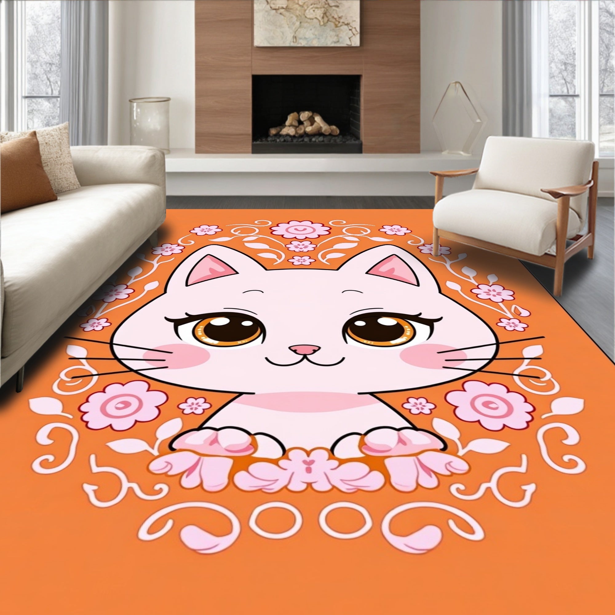 Cute Pink Cat Floral Orange Round Rug