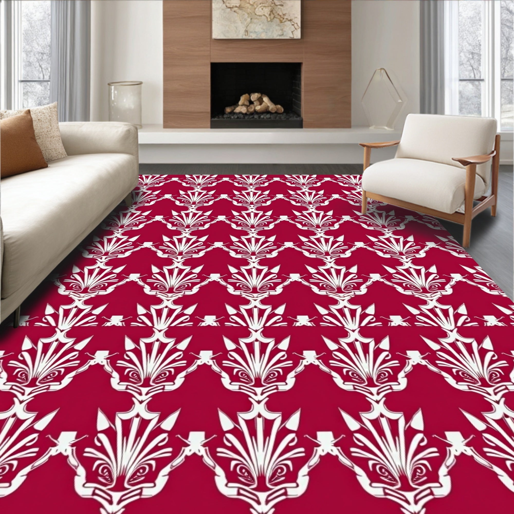 Crimson White Art Deco Fan Rug