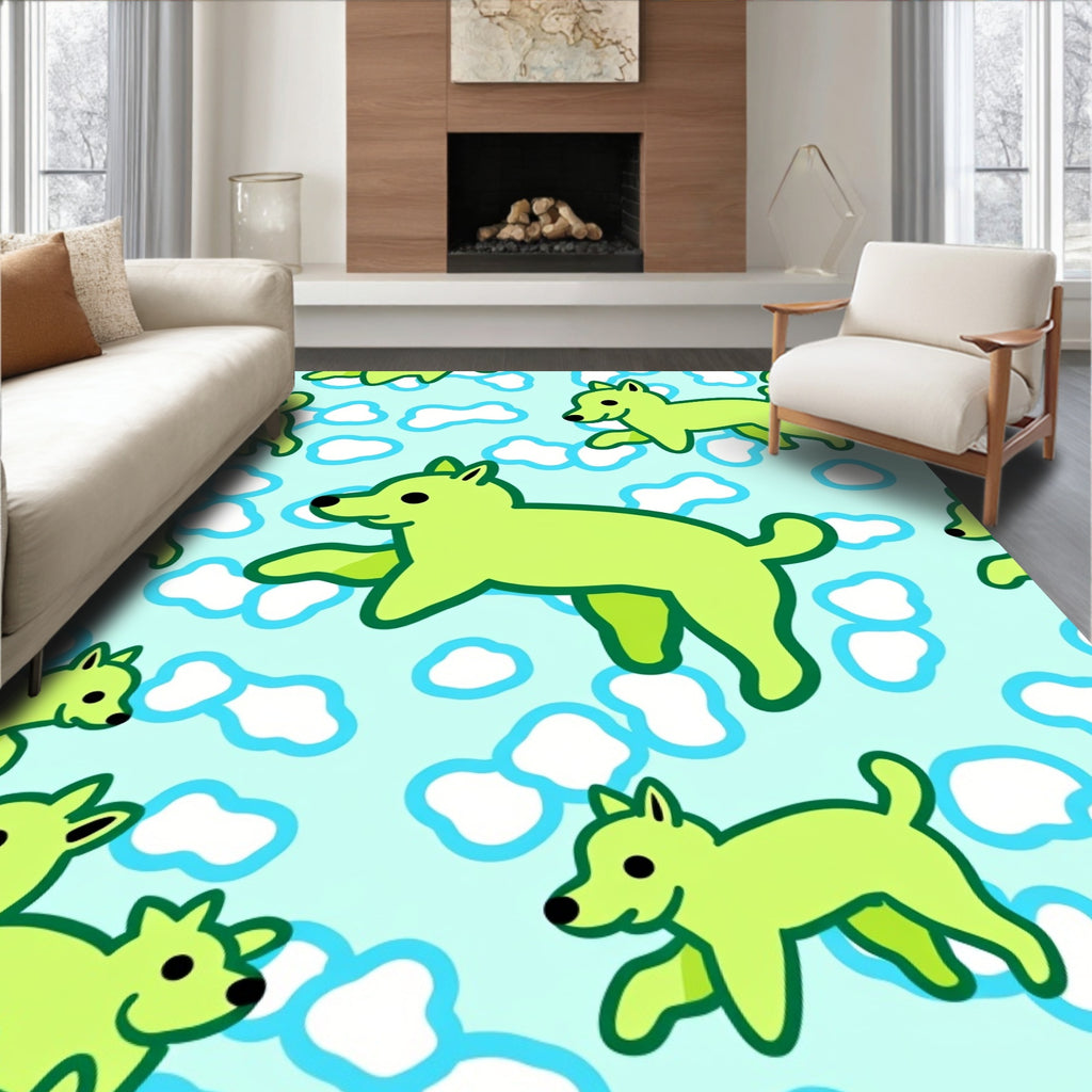 Playful Lime Green Dogs Cloudscape Rug