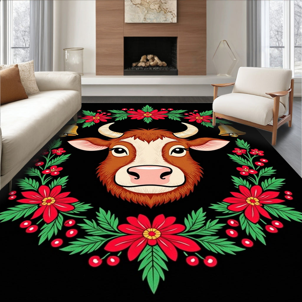 Whimsical Bull Floral Bell Wreath Rug