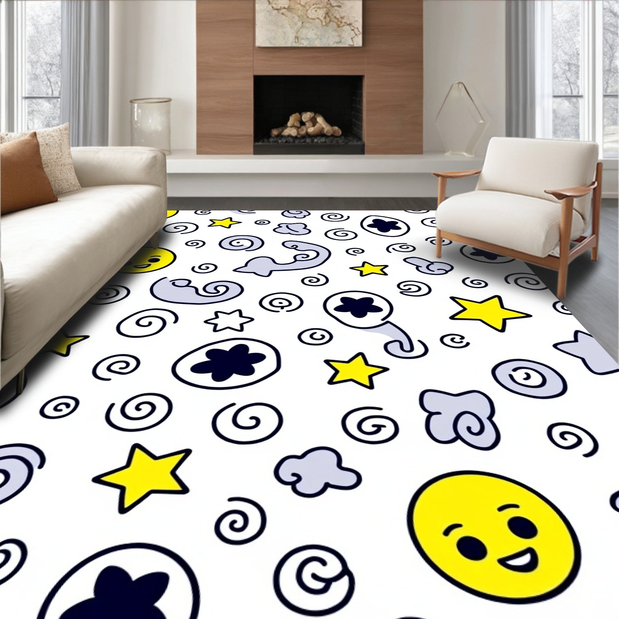 Yellow Smile Stars Clouds Swirls Rug