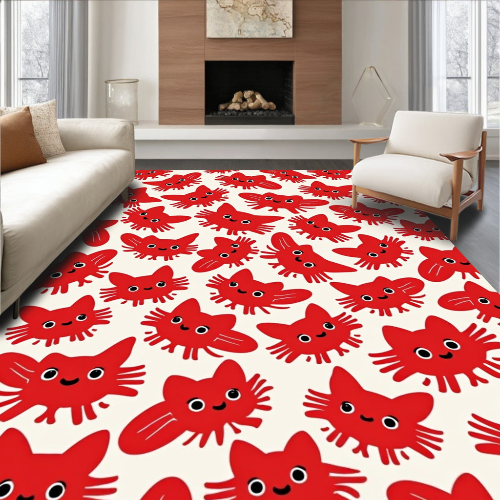 Cute Red Cat Faces Repeating Cream Rug