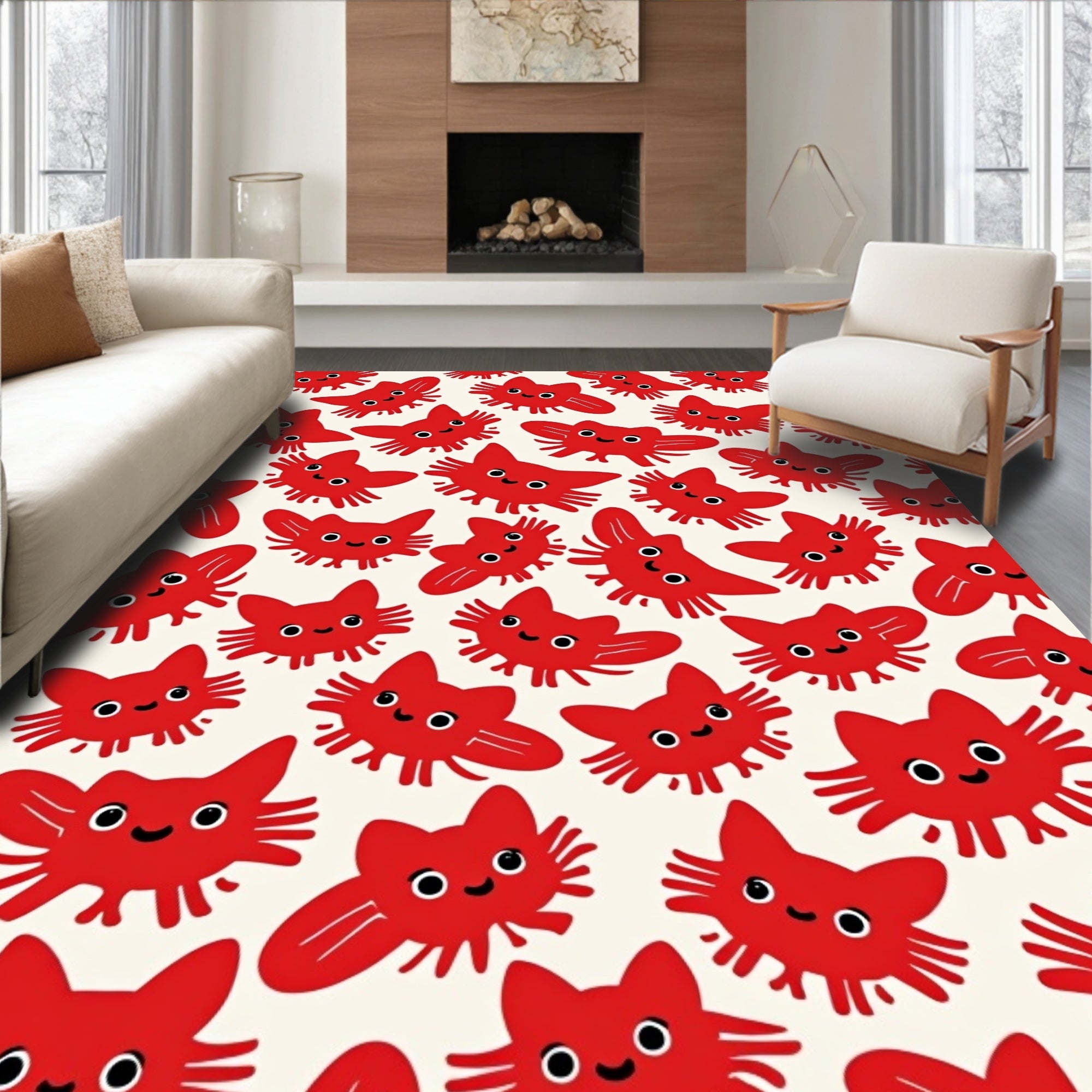 Cute Red Cat Faces Repeating Cream Rug
