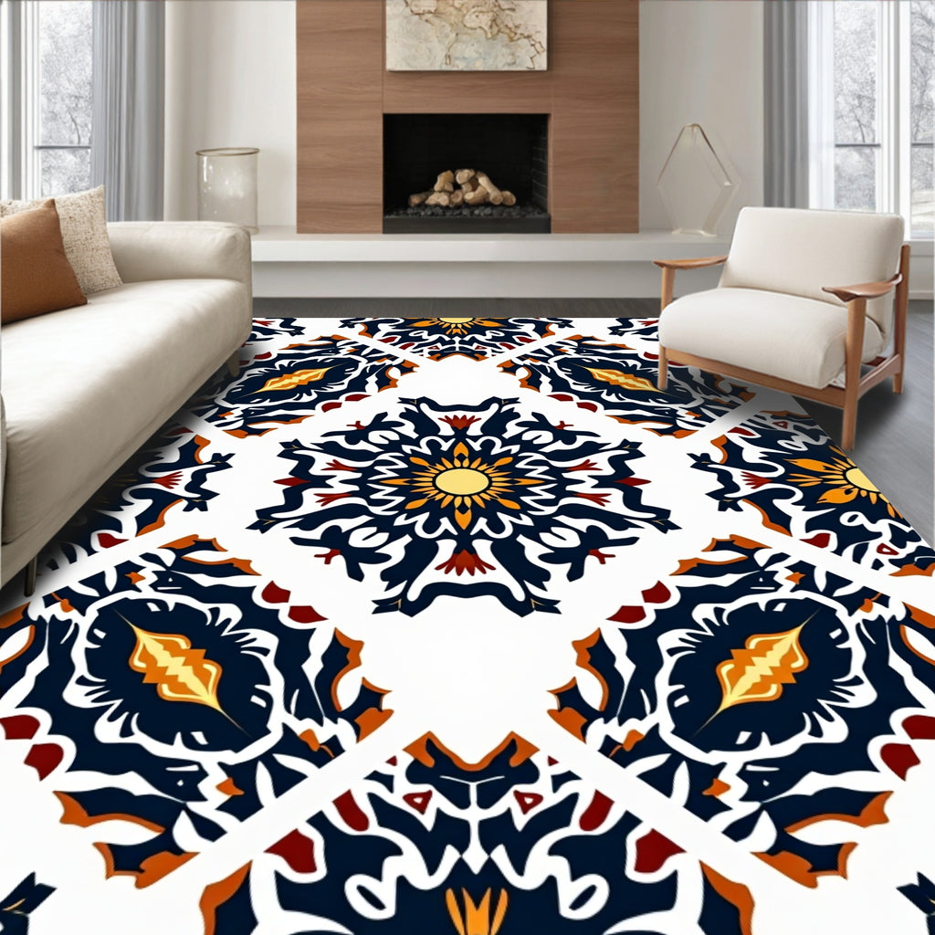 Navy Amber Sunburst Medallion Collage Rug