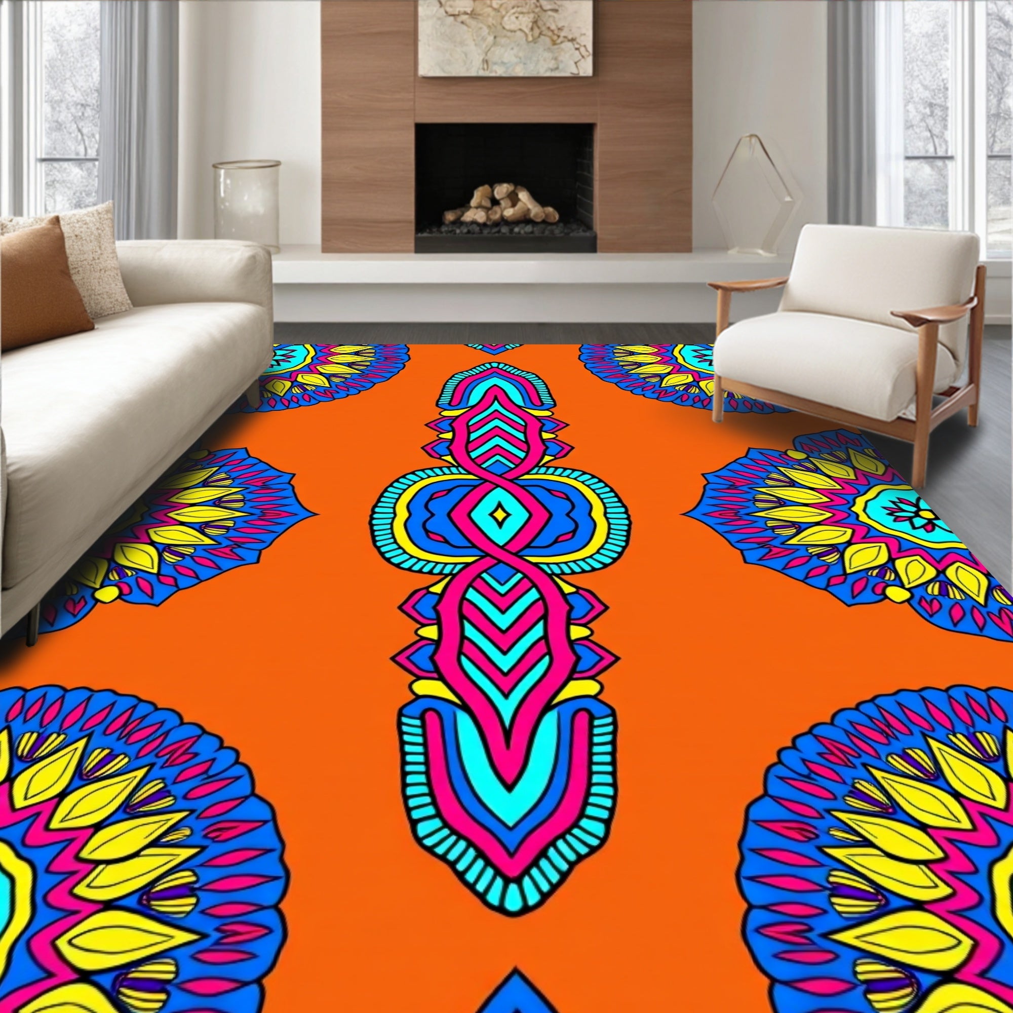 Vibrant Orange Mandala Medallion Fabric Rug