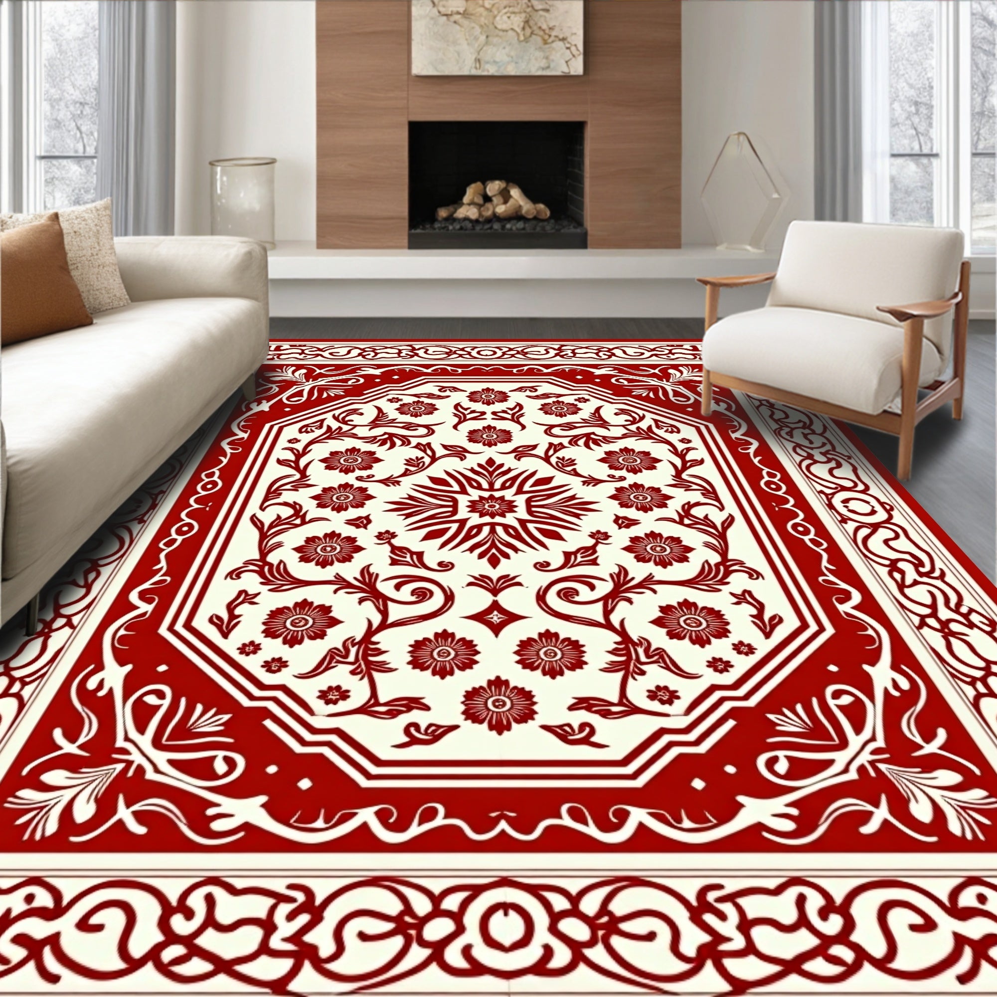 Ornate Crimson Botanical Medallion Rug