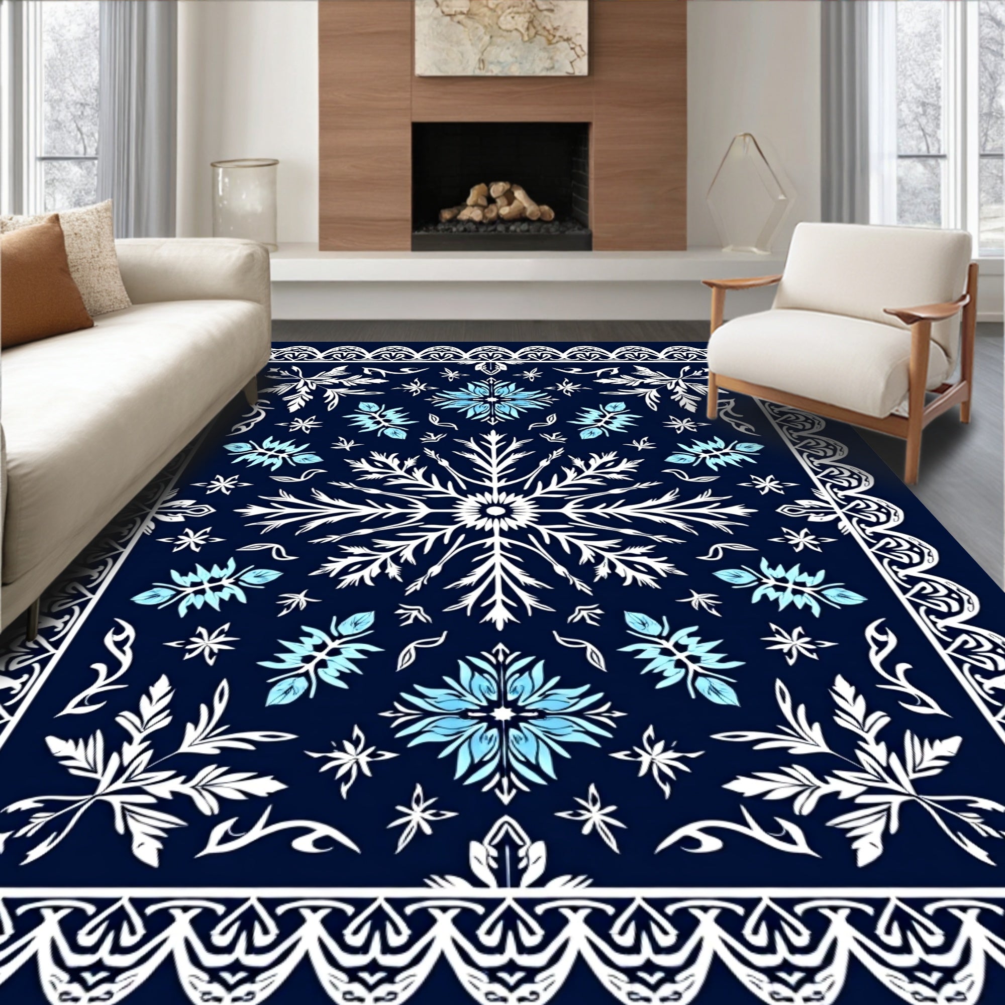 Midnight Blue White Floral Medallion Rug