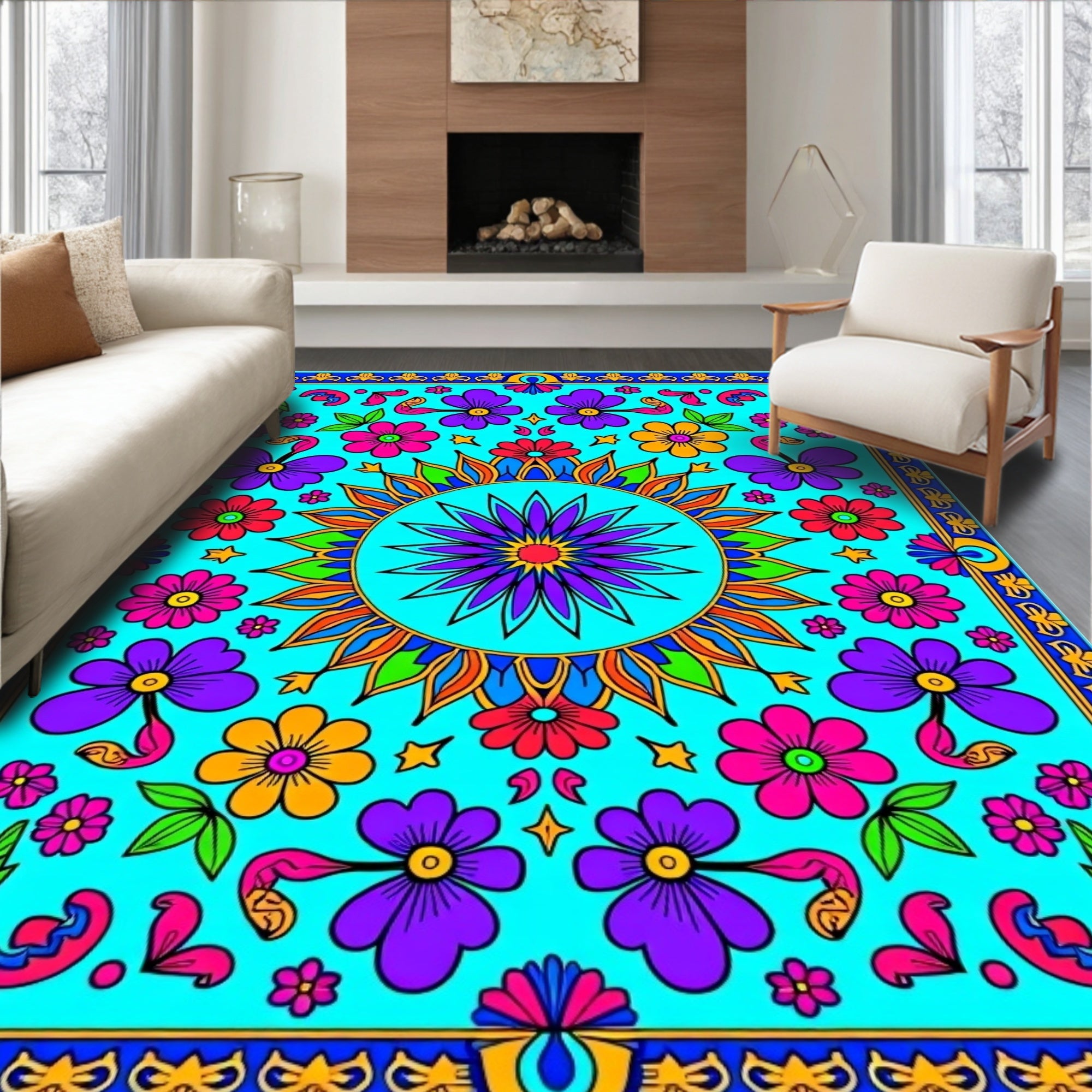 Vibrant Teal Floral Medallion Garden Rug