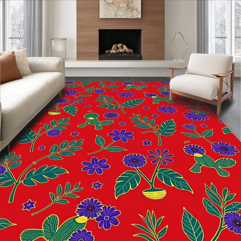 Crimson Red Floral Bird Garden Rug