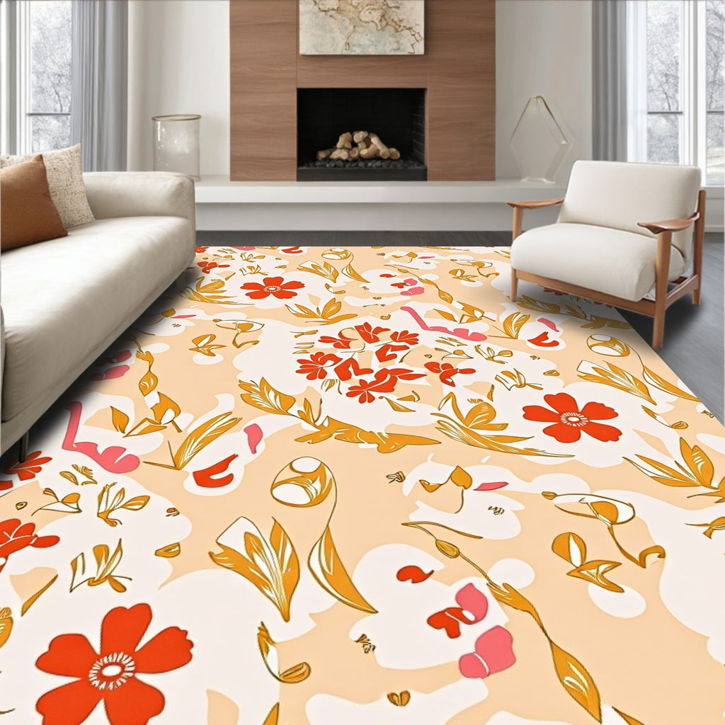 Red Orange Floral Abstract Swirl Rug