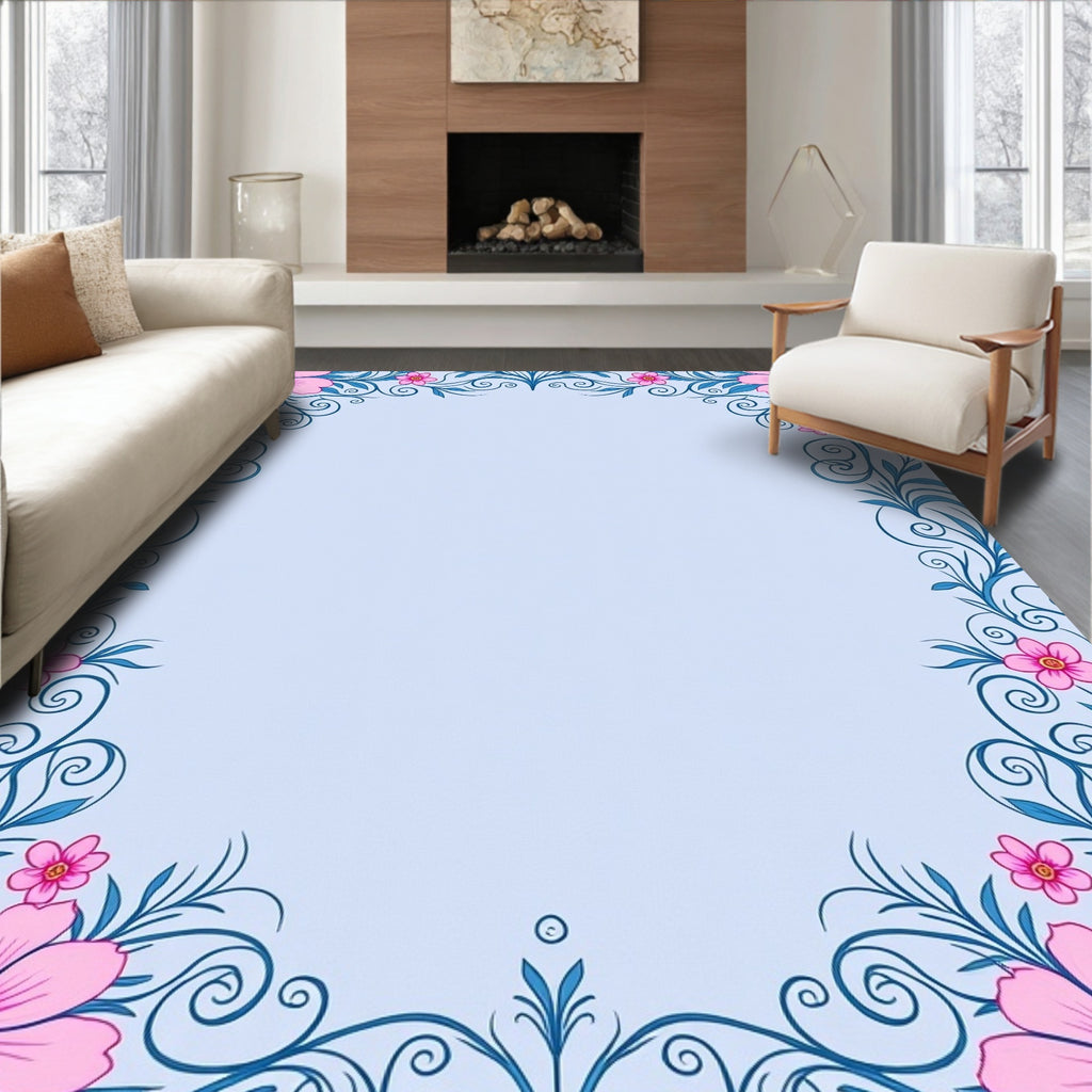 Pink Floral Blue Swirl Frame Rug