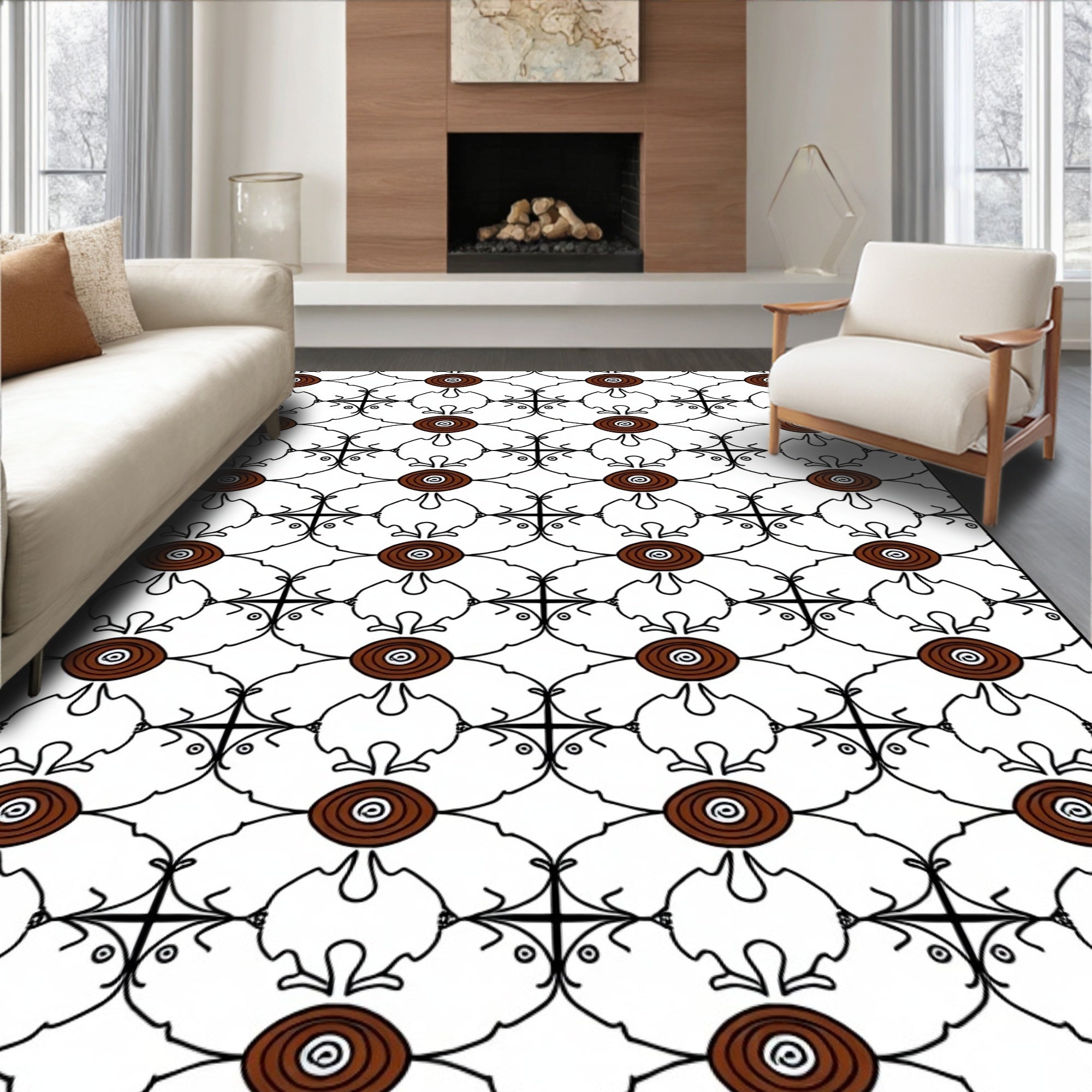 Brown Oval Black Continuous Line Rug