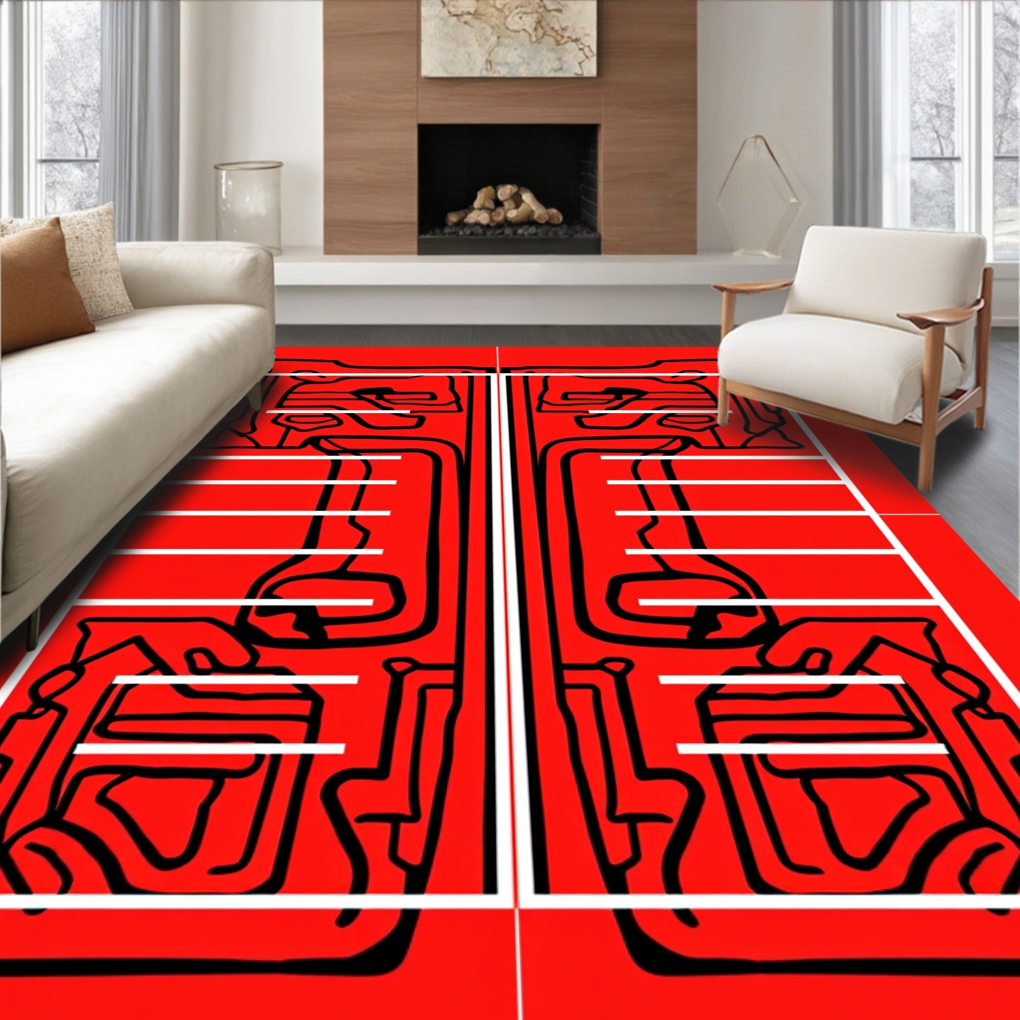 Bold Red Abstract Symmetrical Lines Rug