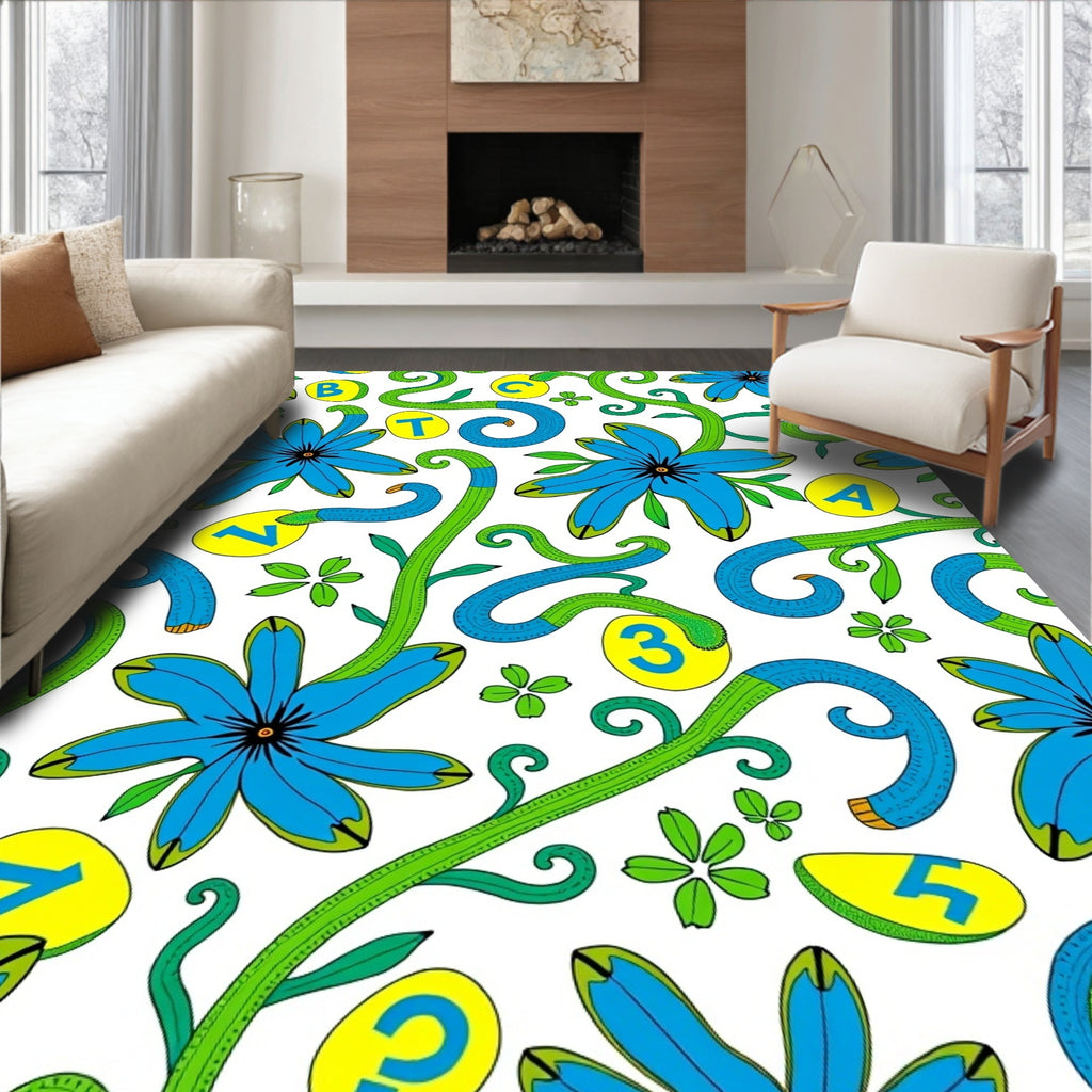 Blue Floral Vines With Alphabet Numbers Rug