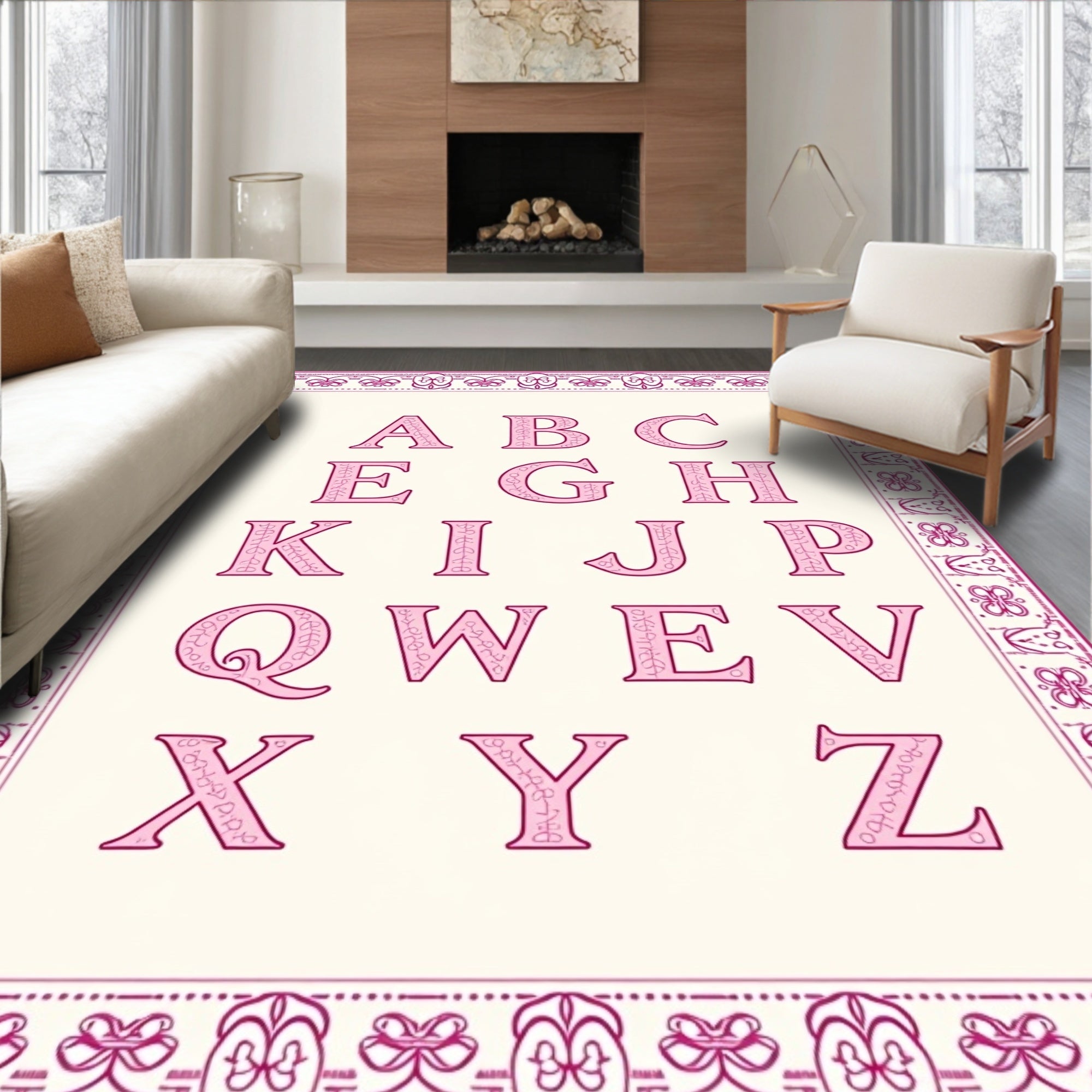 Pink Floral Alphabet Border Artwork Rug