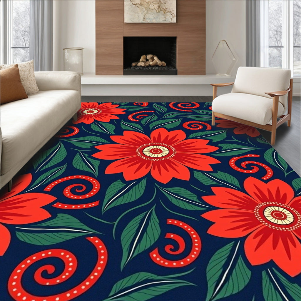 Bold Crimson Floral Swirl Navy Rug
