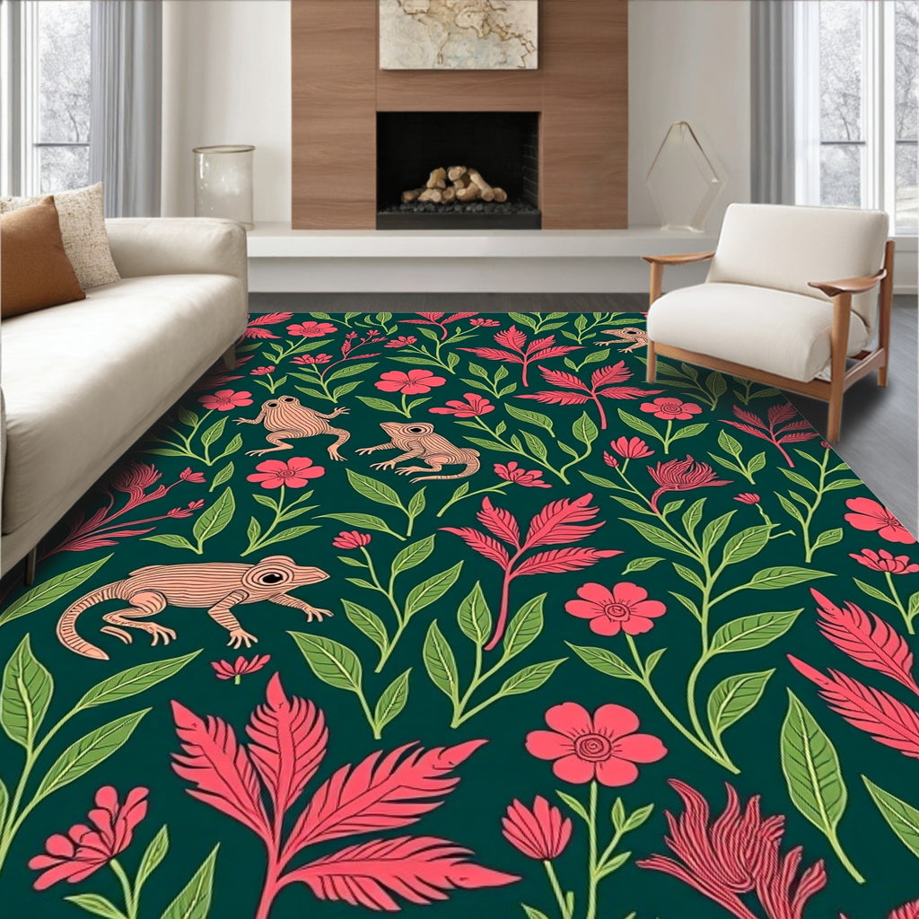 Coral Frogs Greenery Floral Garden Rug