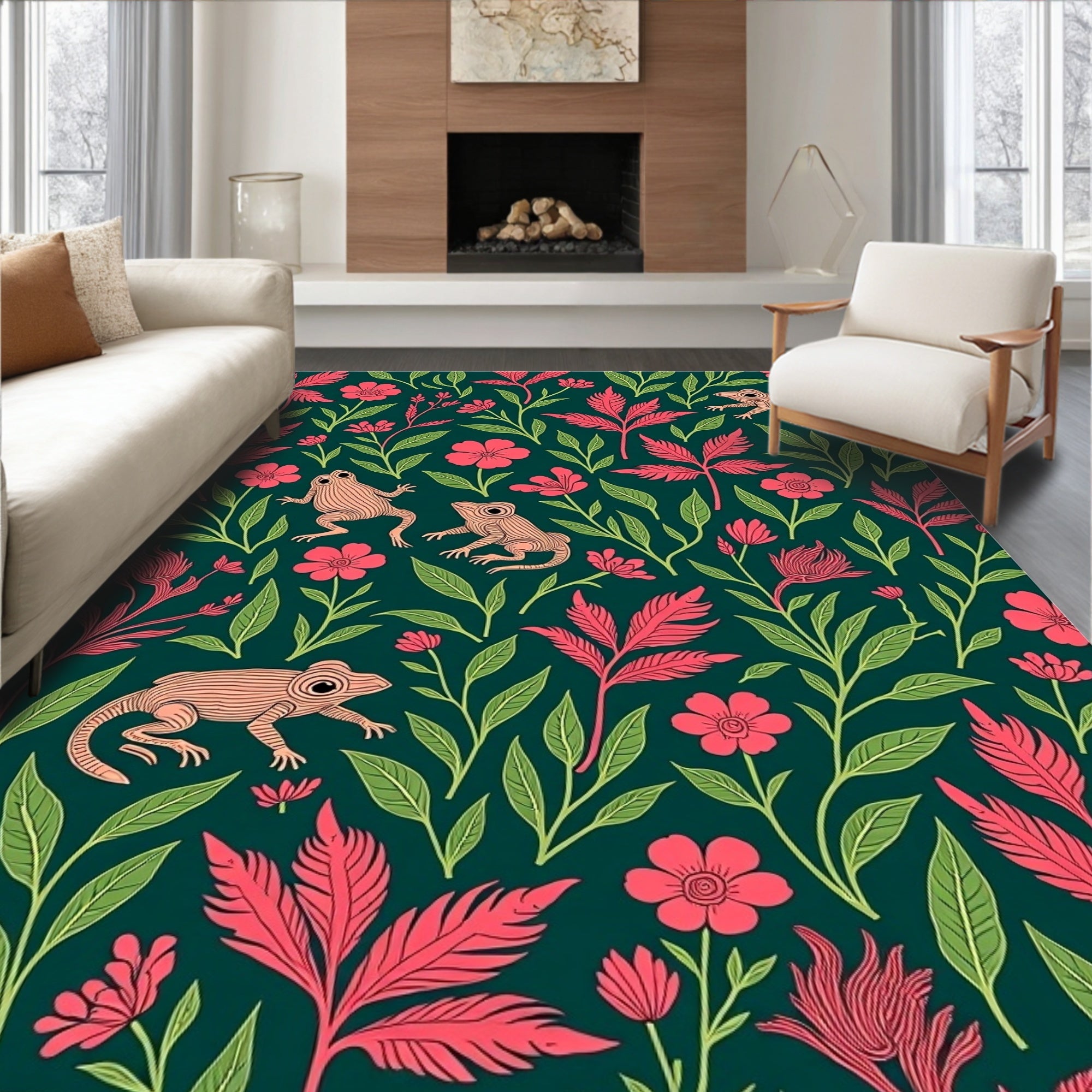Coral Frogs Greenery Floral Garden Rug