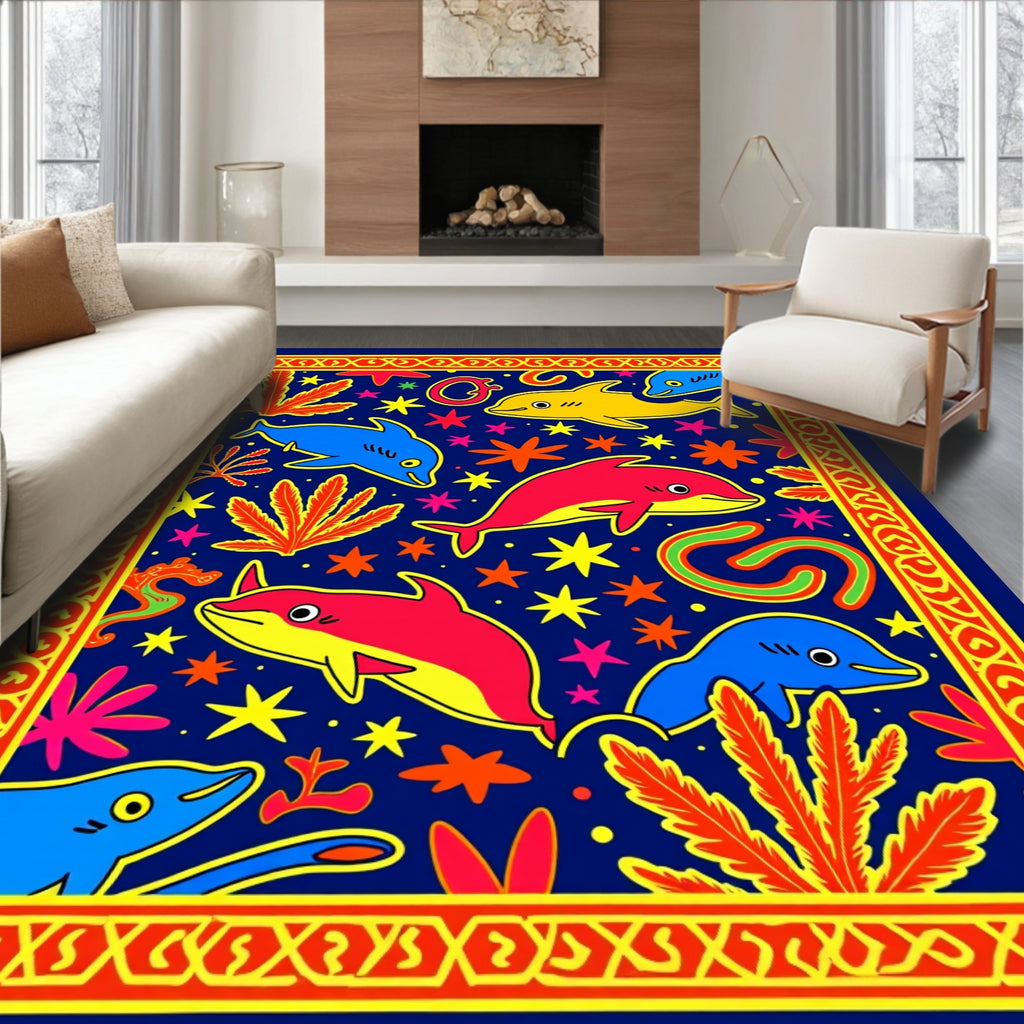 Colorful Dolphin Swirl Oceanic Scene Rug