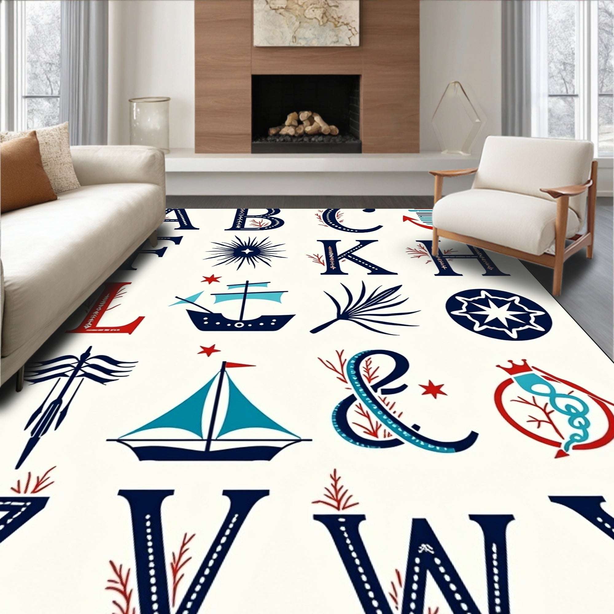 Nautical Alphabet Red Blue Anchor Ship Rug