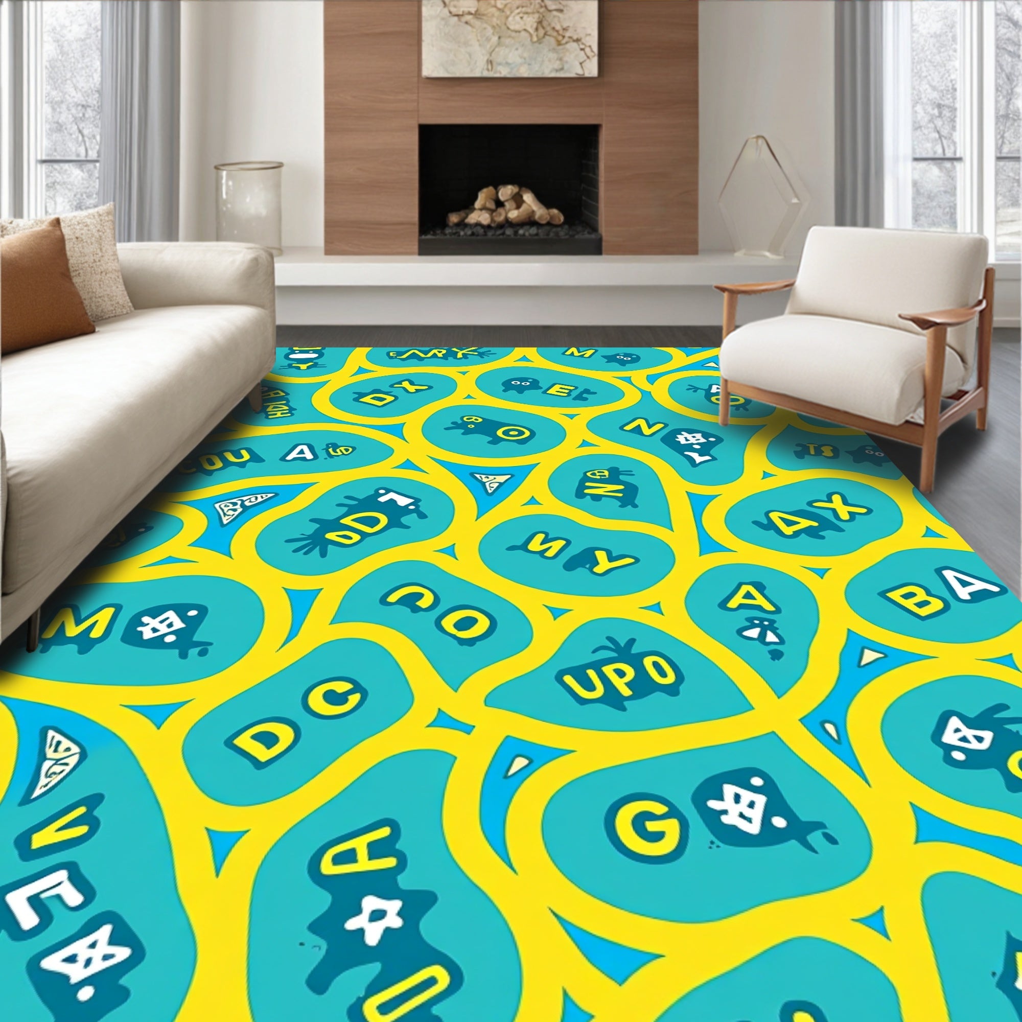 Yellow Blue Organic Letter Forms Rug
