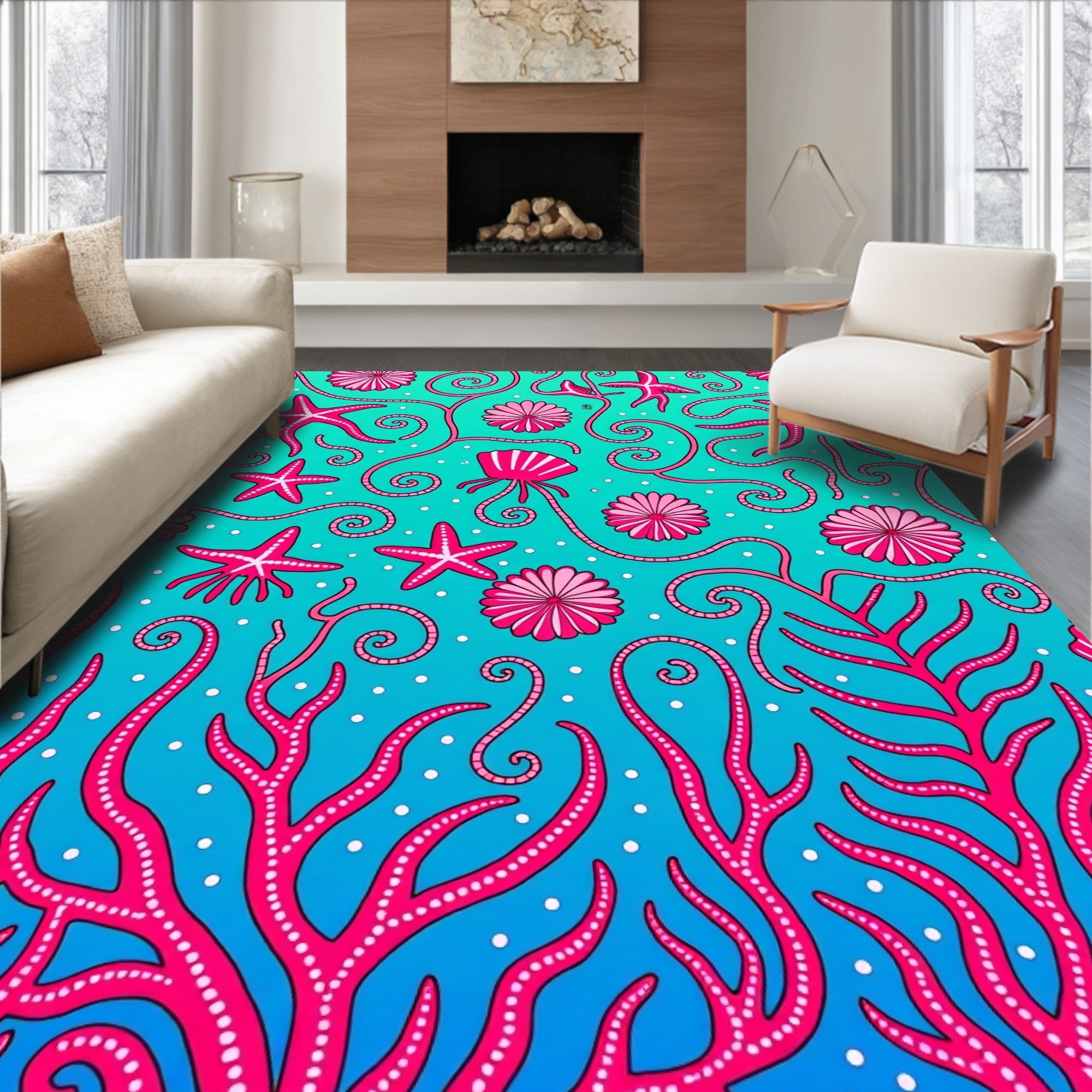 Vibrant Pink Coral Starfish Sea Garden Rug