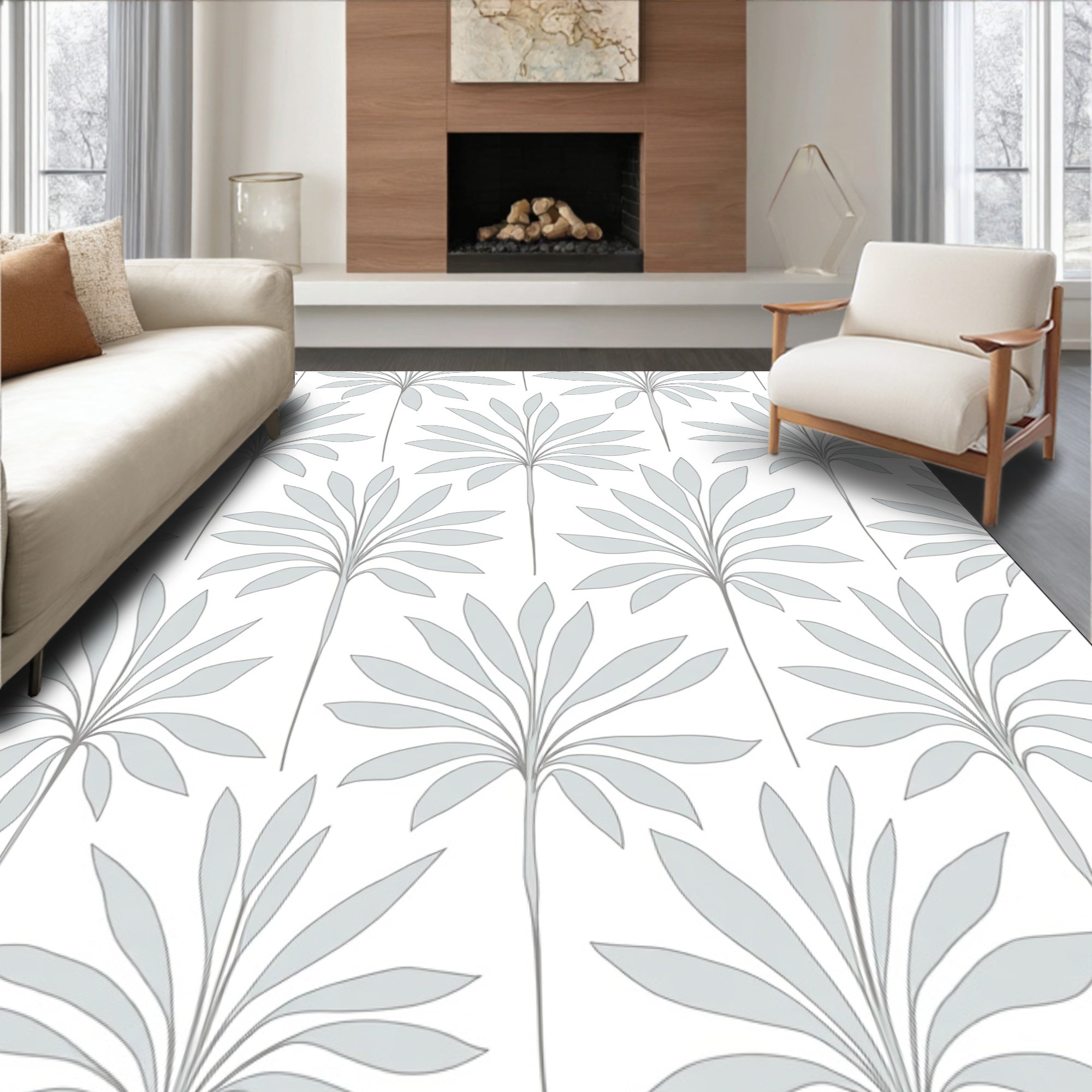 Light Gray Palm Frond Overlay Rug