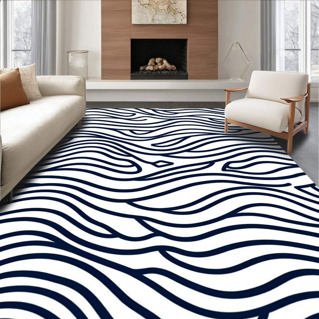 Navy White Intertwined Flowing Lines Rug