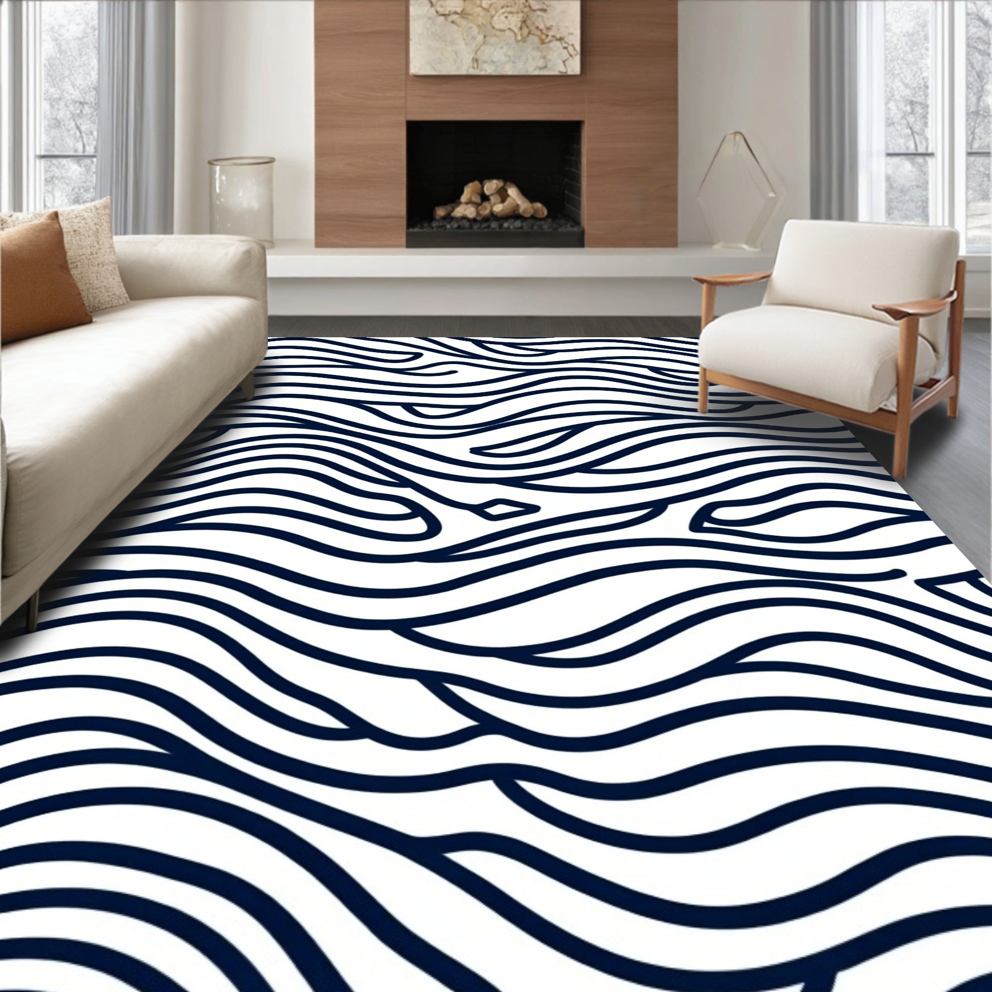 Navy White Intertwined Flowing Lines Rug