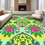 Vibrant Pink Green Yellow Floral Medallion Rug