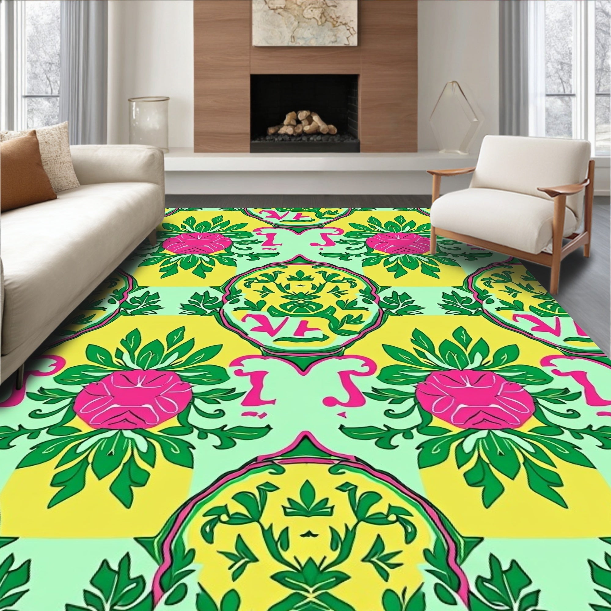 Vibrant Pink Green Yellow Floral Medallion Rug