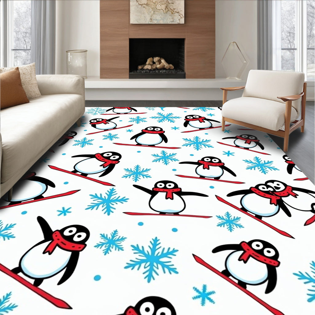 Playful Snowboarding Penguins With Snowflakes Rug