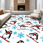 Playful Snowboarding Penguins With Snowflakes Rug