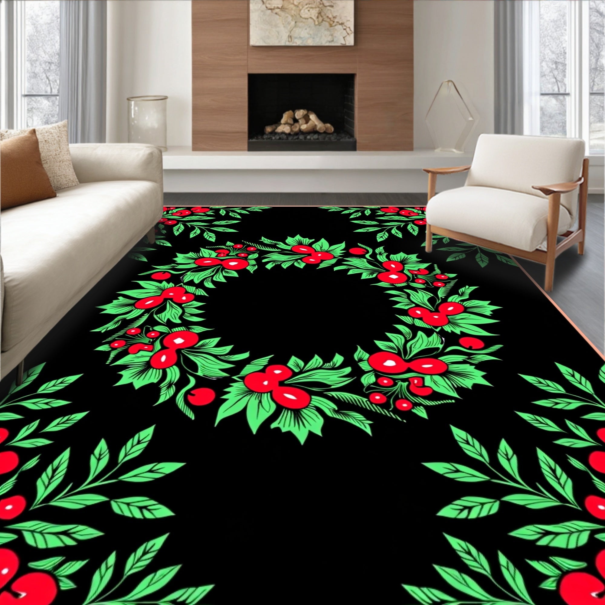 Bold Red Berry Garland Wreath Rug