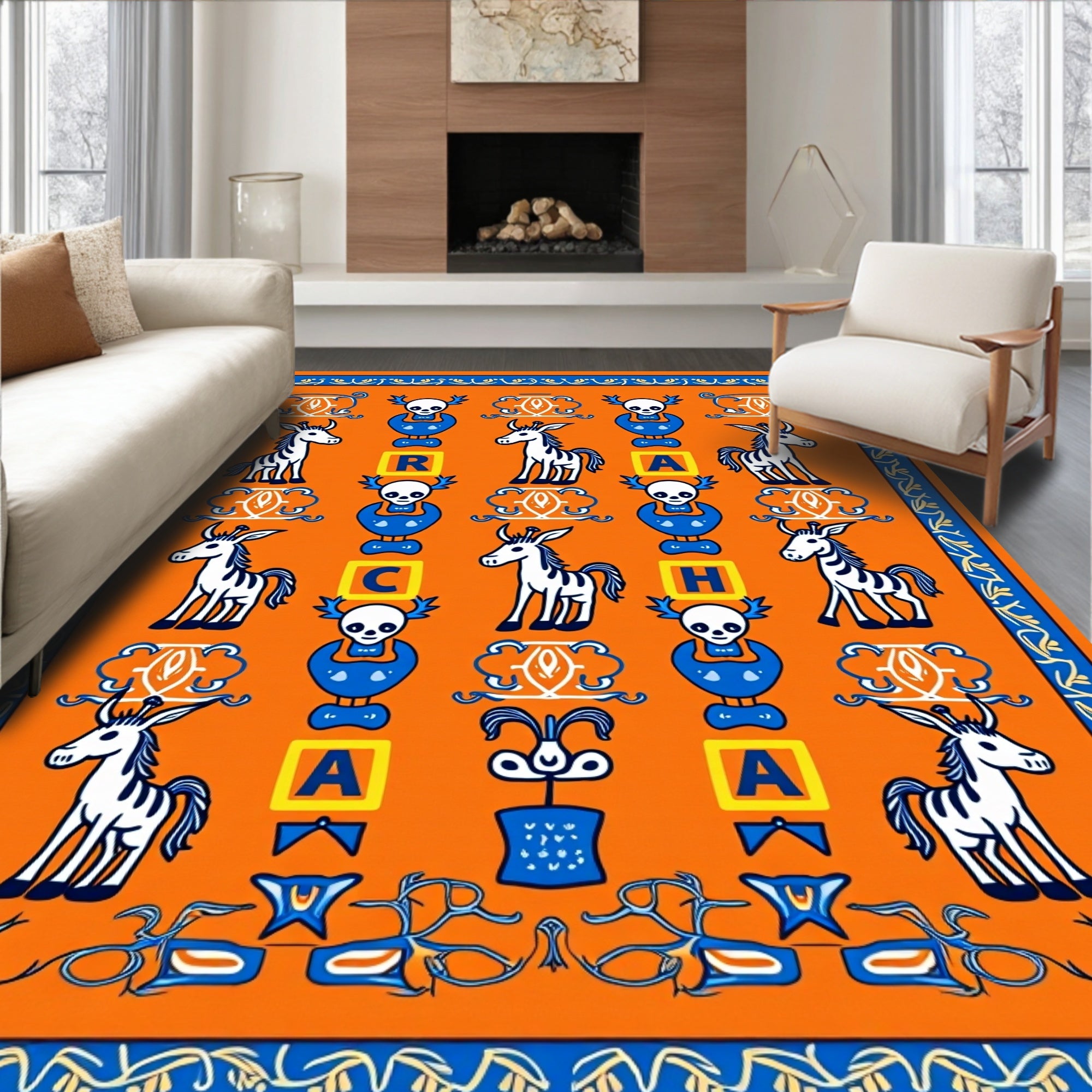 Orange Blue Whimsical Zebra Alphabet Rug