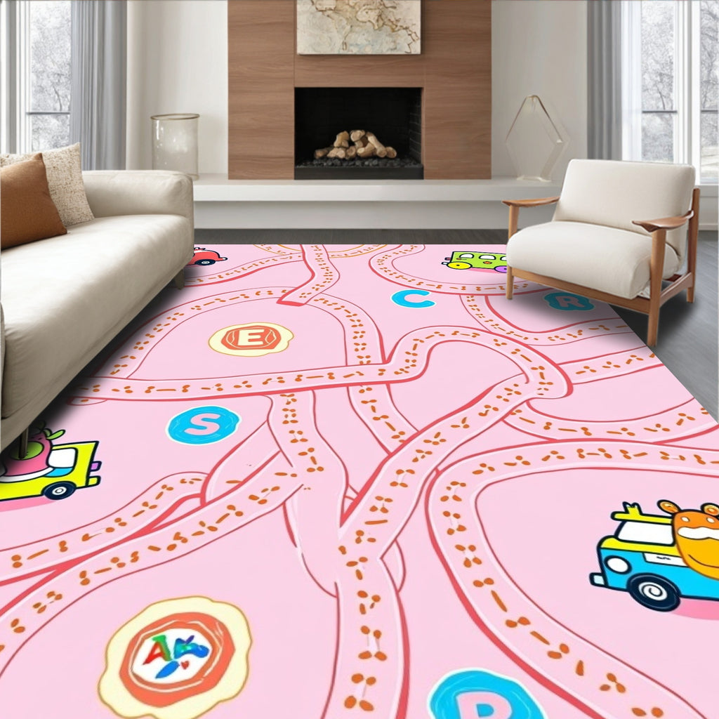 Pink Cartoon Maze Adventure Cars Rug