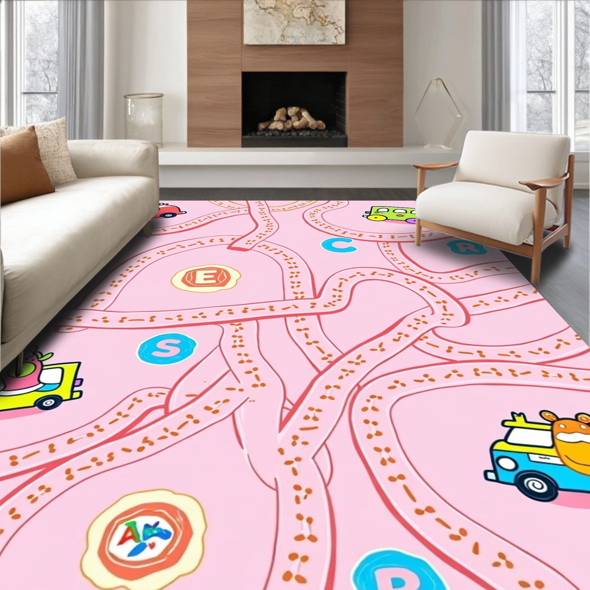 Pink Cartoon Maze Adventure Cars Rug