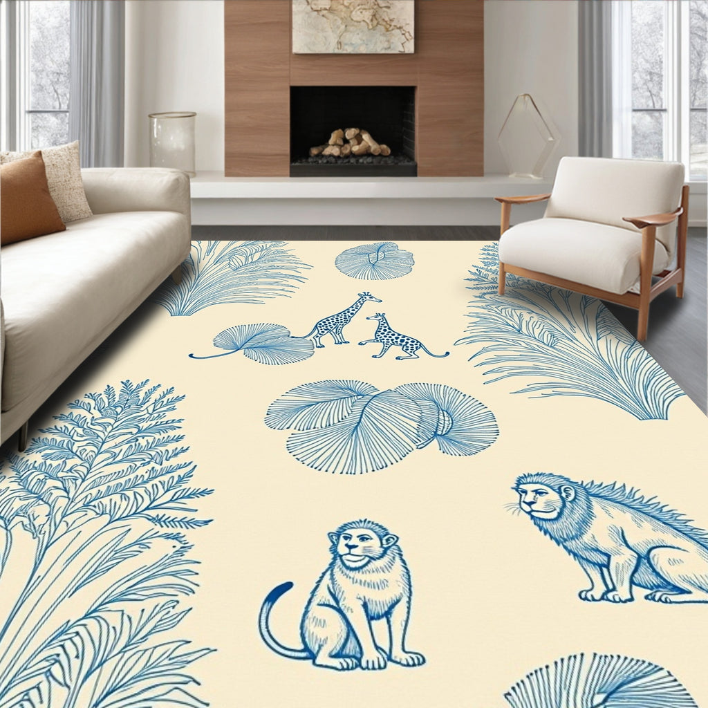 Exotic Giraffe Lion Jungle Foliage Rug