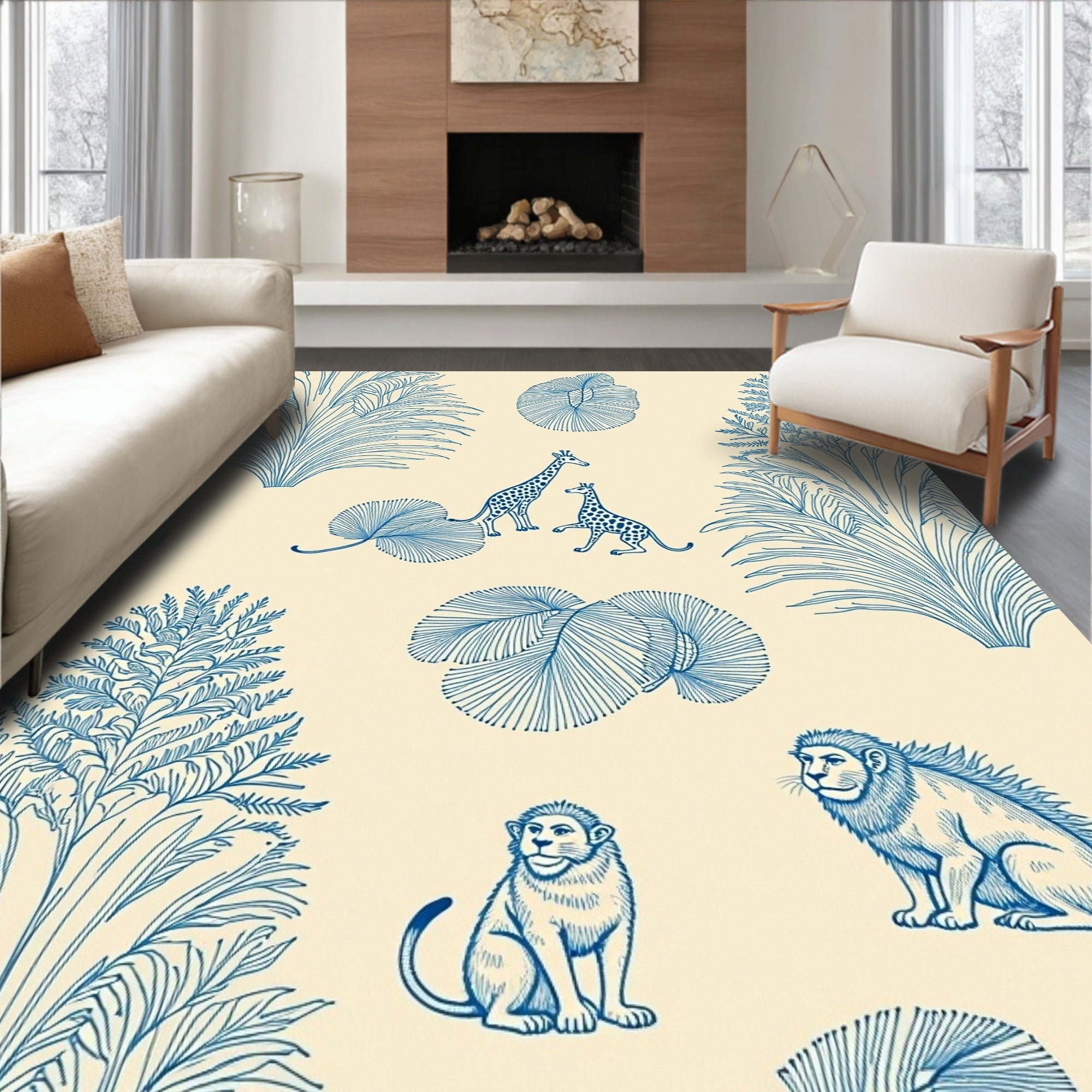 Exotic Giraffe Lion Jungle Foliage Rug