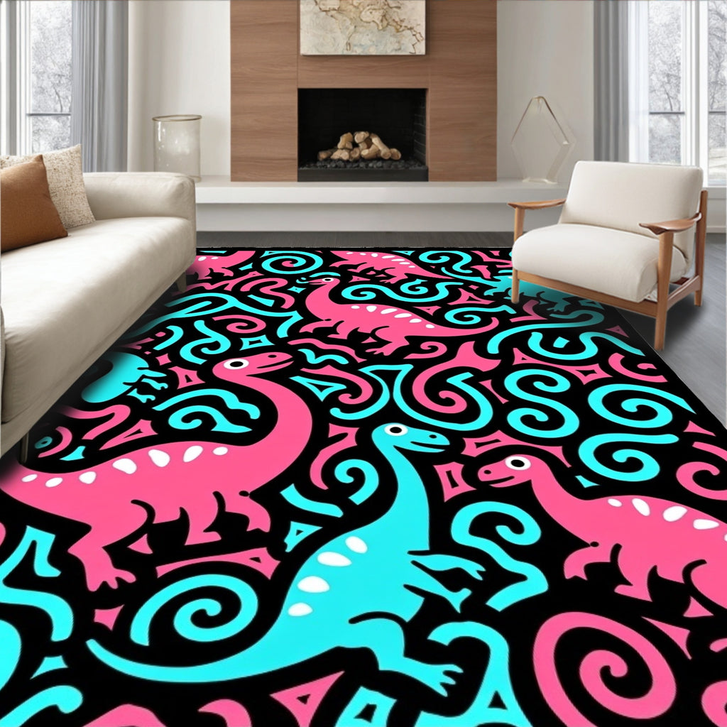 Pink Blue Dinosaurs Swirls Black Background Rug