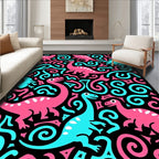 Pink Blue Dinosaurs Swirls Black Background Rug