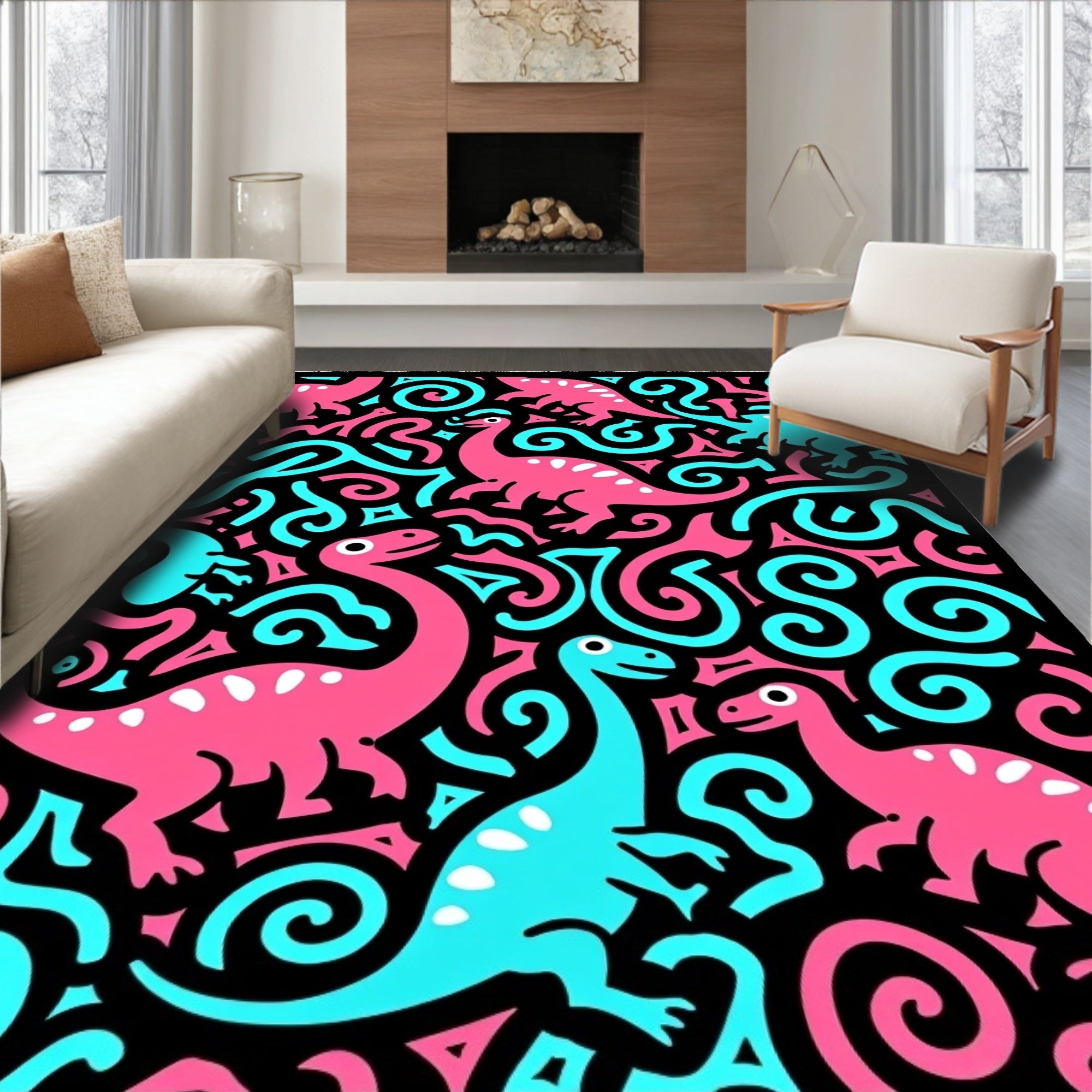 Pink Blue Dinosaurs Swirls Black Background Rug