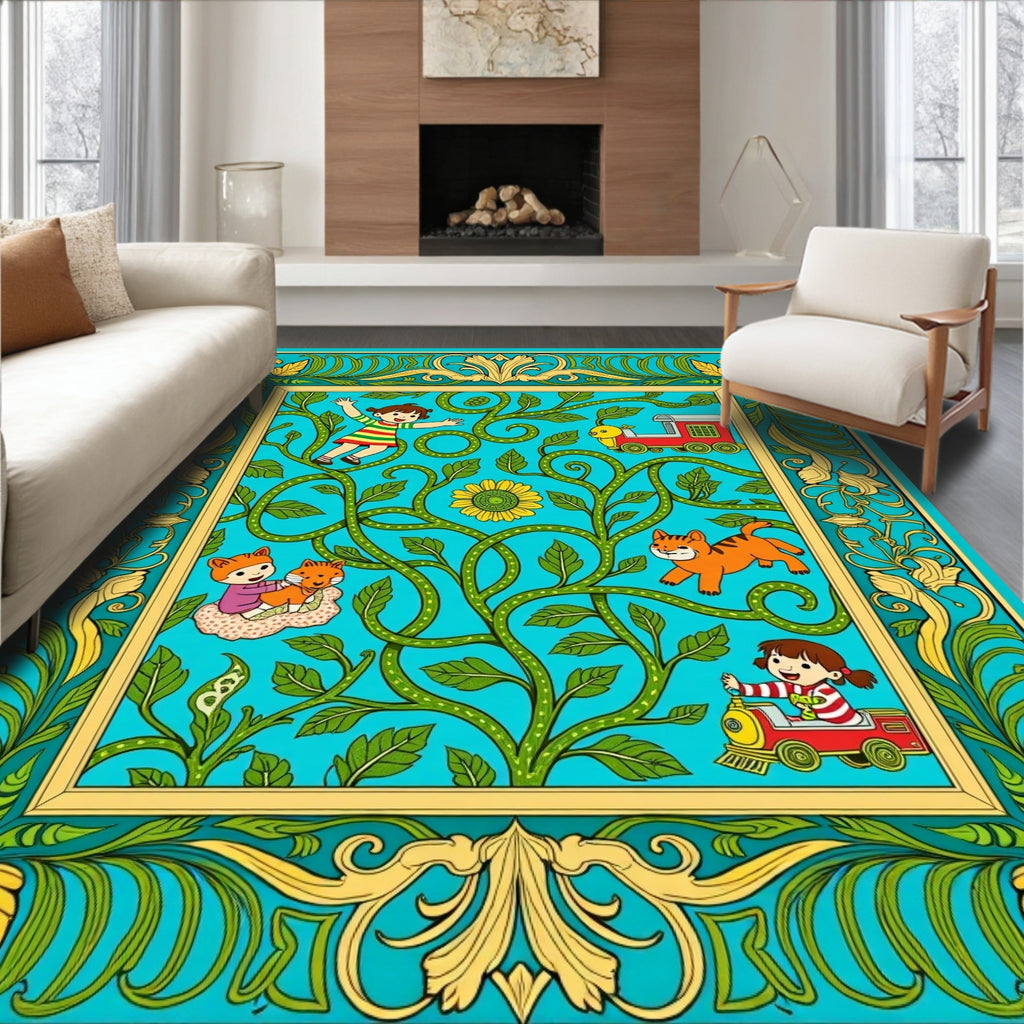 Whimsical Teal Garden Playtime Rug