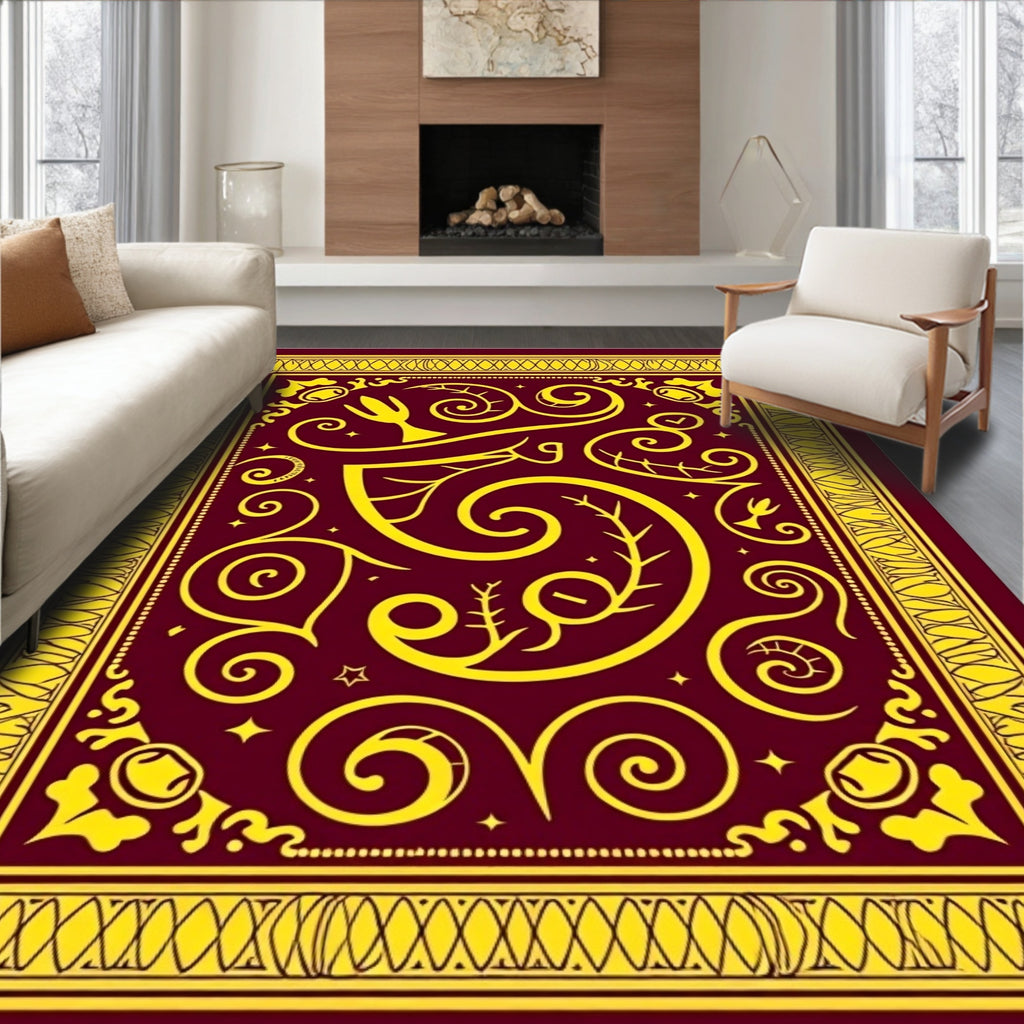 Crimson Yellow Ornate Floral Swirls Rug