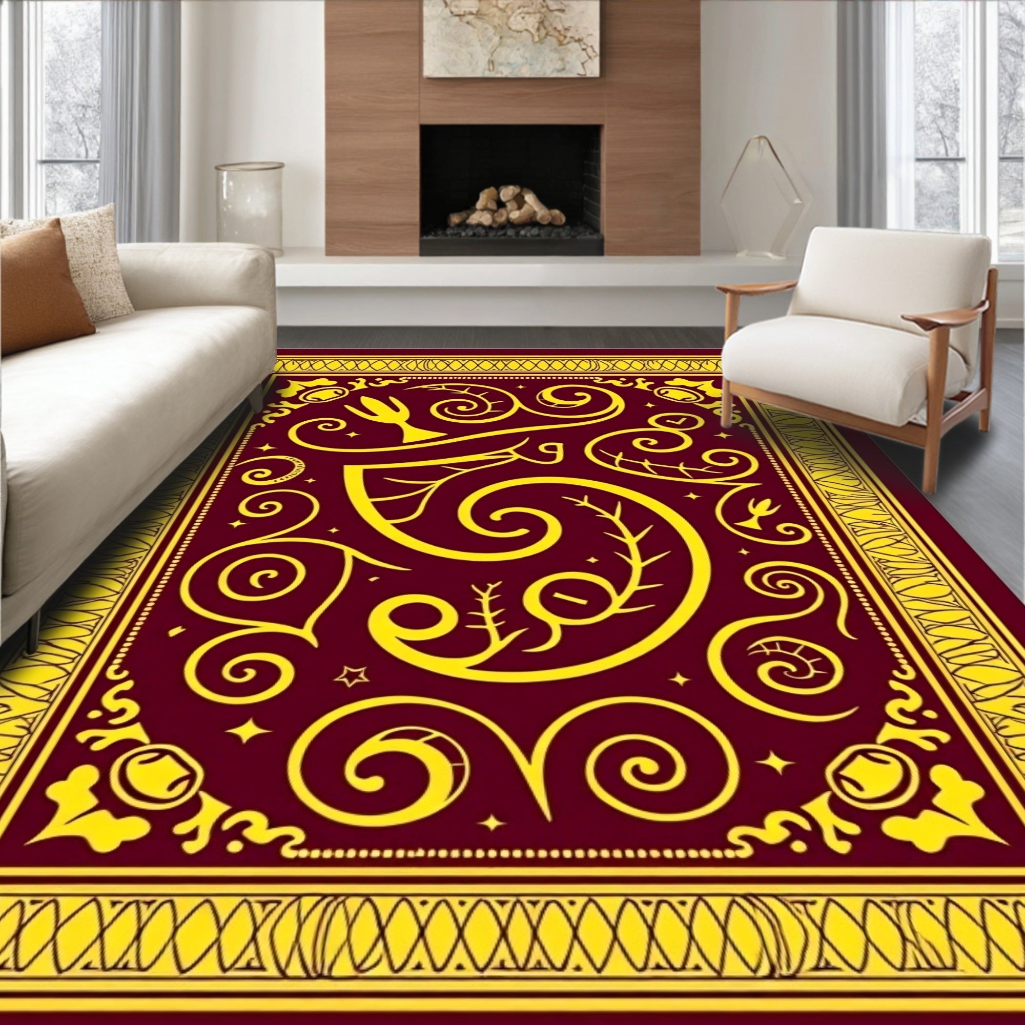 Crimson Yellow Ornate Floral Swirls Rug