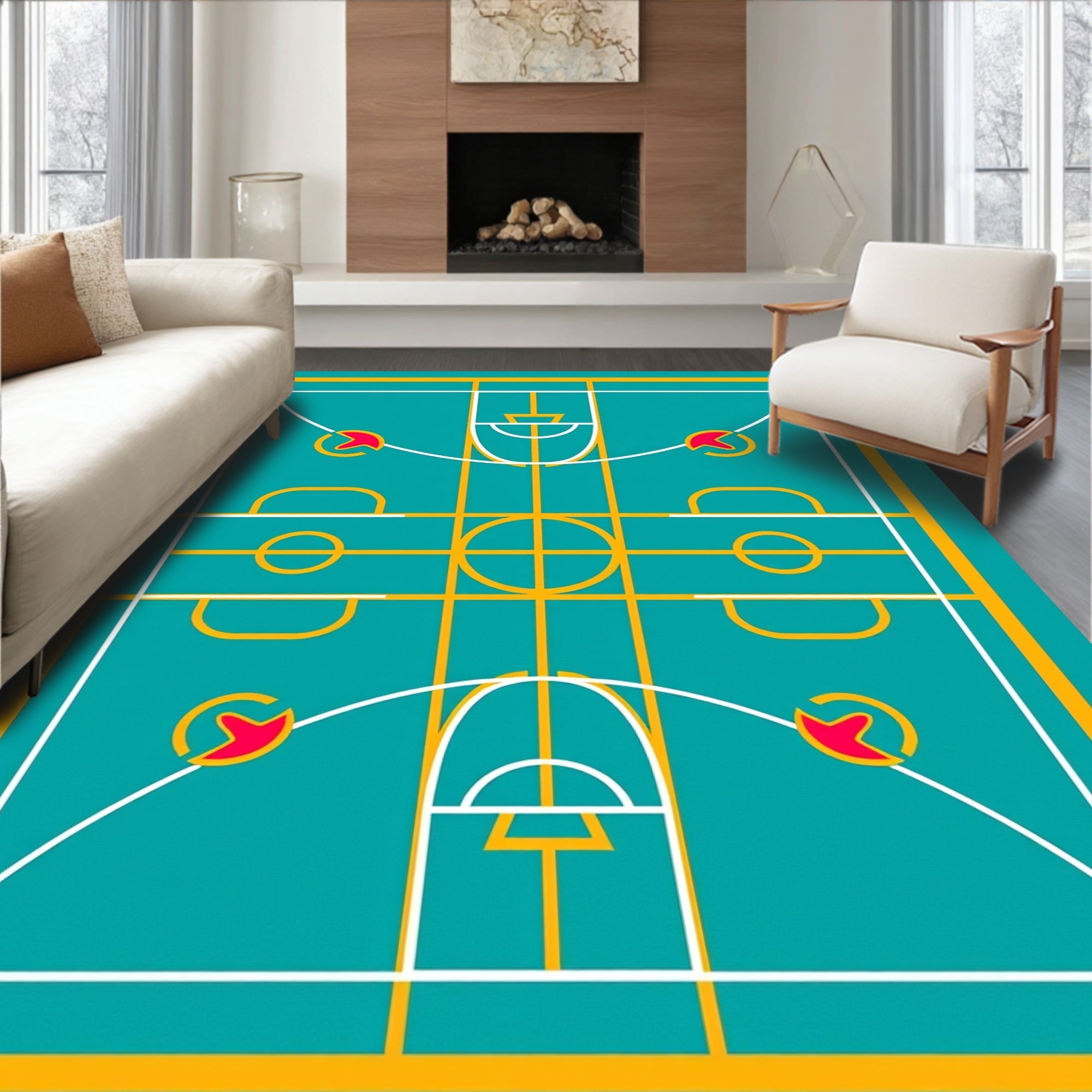 Turquoise Court Geometric Abstract Rug