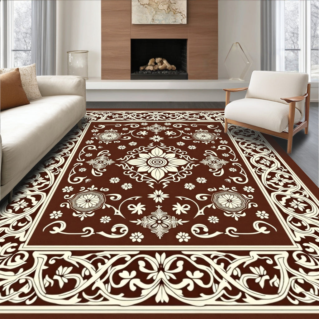 Rich Brown Floral Medallion Scroll Rug
