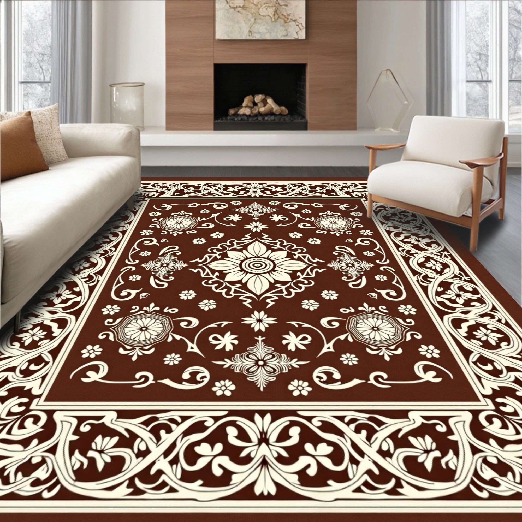 Rich Brown Floral Medallion Scroll Rug